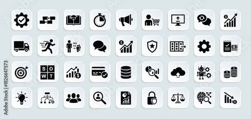 Business management icon set. Vector pictograms of strategy, planning, finance, communication, teamwork, analytics, process, technology, growth and organization illustration