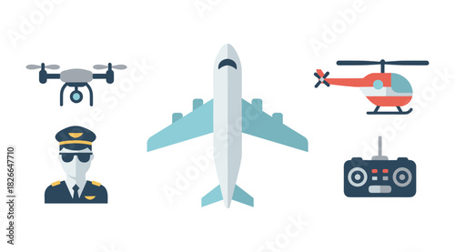Aviation transport icons showing plane drone helicopter pilot