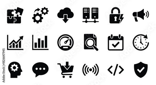 Set of business and technology icons, including growth charts, data servers, and security symbols