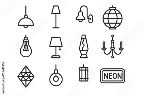 Eclectic Lighting Icons. Eclectic lighting. Line icon set of eclectic lighting: pendant light, floor lamp, vintage sconce, paper lantern, industrial bulb,