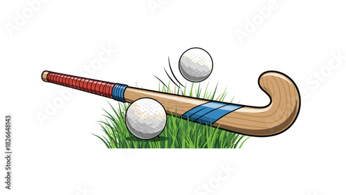 Exciting field hockey action with stick and ball ready for competitive play on vibrant green grass for sports marketing campaigns