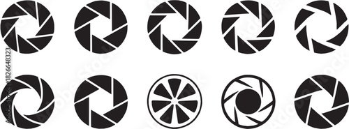 Camera shutter photography icon set. Vector glyph pictograms of camera shutter, lens, photo, and visual silhouettes