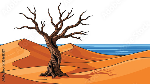 Serene desert landscape with lone tree and distant ocean view brings a sense of peace and resilience, perfect for travel and nature themes