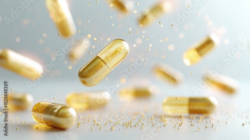 Golden capsules with floating particles on light background, health supplement and pharmaceutical concept