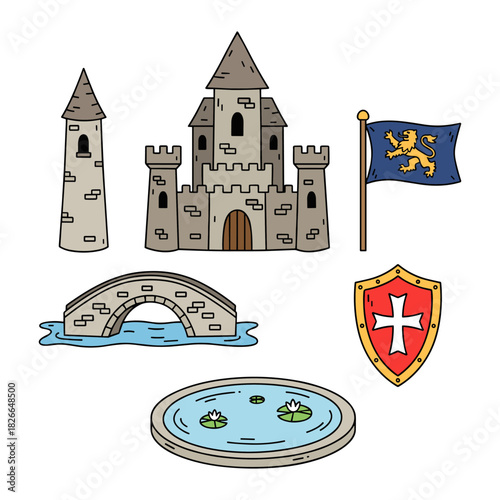 Medieval castle elements set with tower, bridge, shield