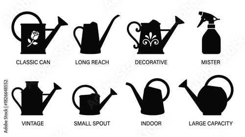 Set of diverse watering can designs including classic, decorative, and various capacities for garden enthusiasts