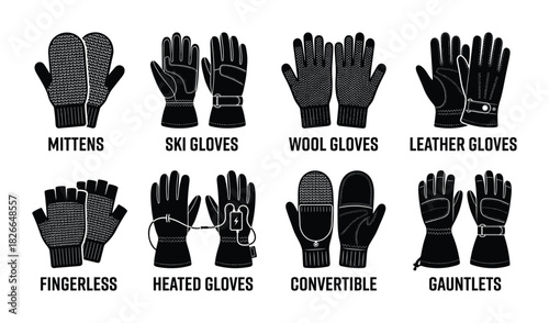 Set of different types of gloves and mittens in black silhouette icons with names including ski leather wool fingerless