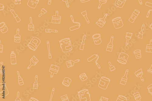Seamless vector illustration featuring various painting tools, such as brushes, rollers, and paint cans, arranged on an orange background. Perfect for design projects, wallpaper, and creative concepts