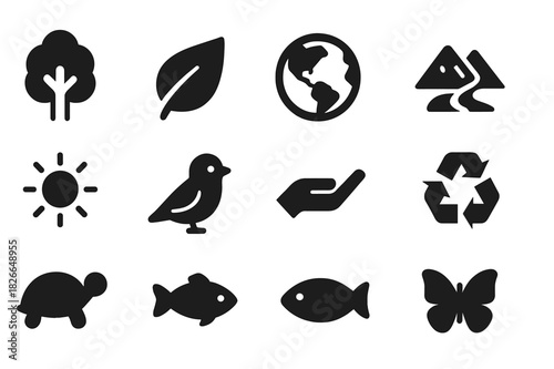 Ecosystem Protection Icons. Ecosystem protection. Solid icon set of ecosystem protection: tree, leaf, globe, mountain, river, sun, bird, hand, recycling