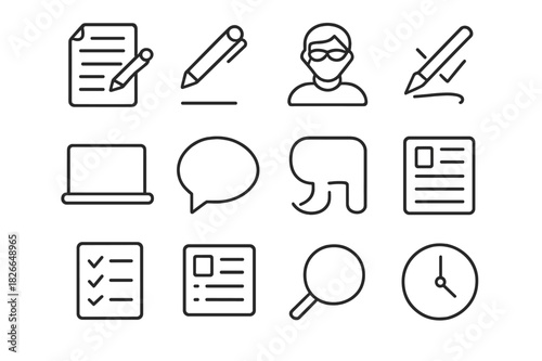 Editorial Icon Set. Editorial process. Line icon set of editorial process: document, pen, editor, red pen mark, proofreading, laptop, speech bubble, paragraph,
