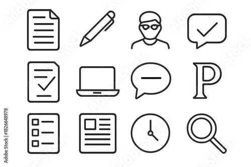 Editorial Icon Set. Editorial process. Line icon set of editorial process: document, pen, editor, red pen mark, proofreading, laptop, speech bubble, paragraph,
