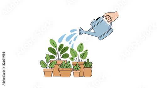 Illustration of a hand watering potted plants with a watering can