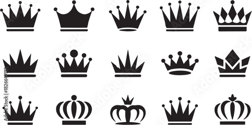 Crown royalty symbol icon set. Vector glyph pictograms of crowns, monarchy, nobility, power, and prestige silhouettes
