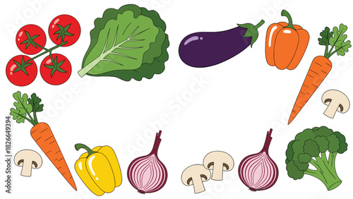 Vibrant vegetable assortment arranged creatively with tomatoes, lettuce, eggplant, peppers, carrots, mushrooms, onions, broccoli for healthy eating