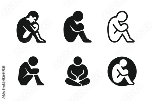 Emotional Pain Icons. Emotional Pain. Icon set. Set Logo of Emotional Pain: shadowed human form. harmonious logo variations of the same emblematic concept,
