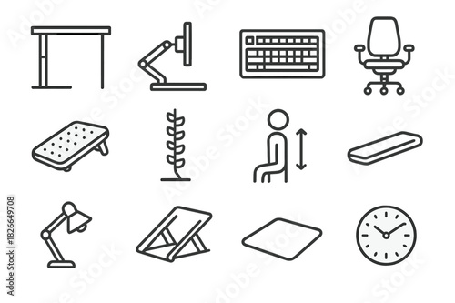 Ergonomic Setup Icons. Ergonomic setup. Line icon set of ergonomic setup: adjustable desk, monitor arm, keyboard, chair, footrest, cable organizer, posture