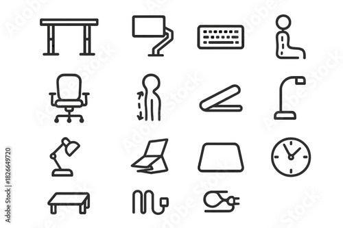Ergonomic Setup Icons. Ergonomic setup. Line icon set of ergonomic setup: adjustable desk, monitor arm, keyboard, chair, footrest, cable organizer, posture