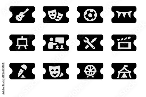 Event Icons Grid. Event tickets. Solid icon set of Event tickets: music concert, theater play, sports match, festival, exhibition, seminar, workshop, movie