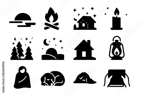 Evening Cabin Icons. Evening at cabin. Solid icon set of Evening at cabin: sunset sky, fire pit, glowing window, starry night, candle, night forest, moonrise,