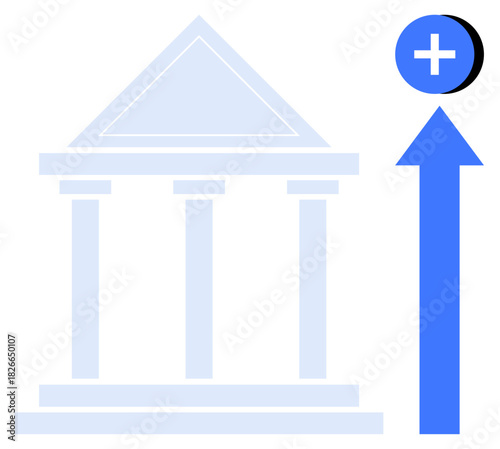 Banking concept. Banking institutions with a classical structure and a positive arrow financial growth. Banking innovation and advancement d. For economy, finance apps, savings, investment