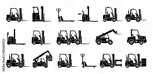 Set of forklift silhouettes including various types of material handling equipment such as stackers and pallet trucks
