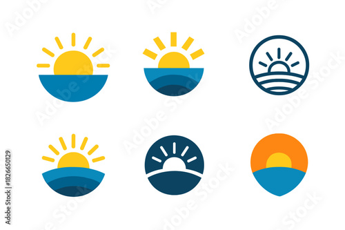 Expanse Icon Set. Expanse. Icon set. Set Logo of Expanse: horizon with rising sun. harmonious logo variations of the same emblematic concept, each with