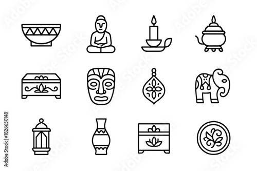Exotic Decor Icons. Exotic decor accents. Line icon set of exotic decor accents: decorative bowl, carved statue, candle holder, incense burner, jewelry box,