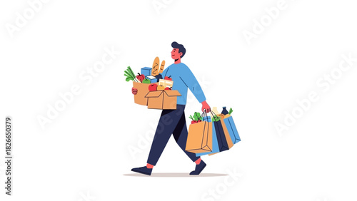 A vector illustration of a young man walking with a heavy box full of fresh groceries and several shopping bags