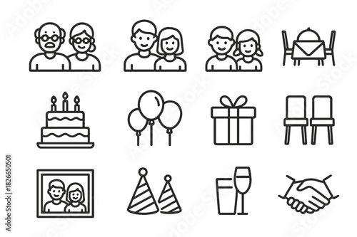 Family Reunion Icons. Family Reunion Set. Line icon set of Family Reunion Set: grandparents, parents, children, dining table, cake, balloons, gift box, chairs,