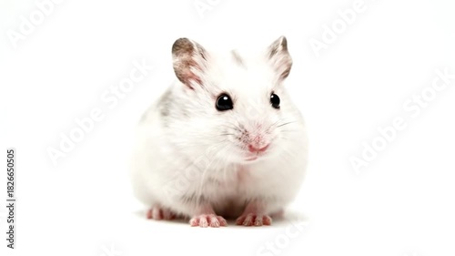 A small white hamster with grey patches sits centered on a white backdrop, facing forward