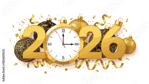 Countdown to a stunning golden 2026 celebration with festive ornaments and confetti for a vibrant New Year's design