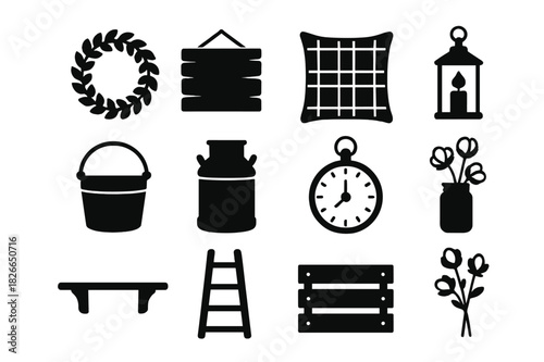 Farmhouse Decor Icons. Farmhouse decor. Solid icon set of Farmhouse decor: wreath, wooden sign, plaid pillow, candle lantern, metal bucket, milk can, antique