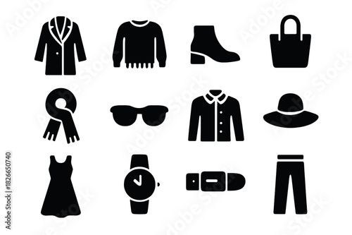 Fashion Essentials Icons. Fashion essentials. Solid icon set of Fashion essentials: beige coat, knit sweater, ankle boot, tote bag, scarf, sunglasses, button