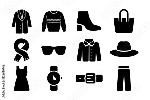 Fashion Essentials Icons. Fashion essentials. Solid icon set of Fashion essentials: beige coat, knit sweater, ankle boot, tote bag, scarf, sunglasses, button