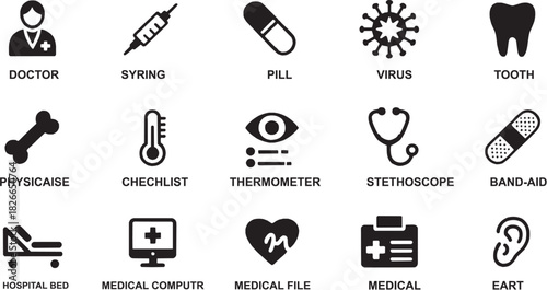 Pill virus thermometer stethoscope medical icon set. Vector glyph pictograms of pill, virus, thermometer, stethoscope, healthcare, and hospital silhouettes