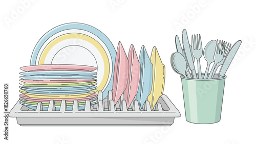 Freshly washed dishes and cutlery drying on a rack after a delicious meal ready for the next use, clean pastel colors, kitchen concept