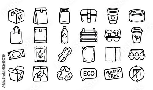 Set of hand drawn doodle zero waste icons for eco friendly life with recycle symbol and plastic free sign