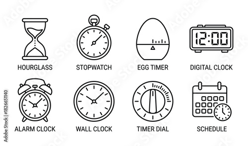 Set of hourglass, stopwatch, egg timer, digital clock, alarm clock, wall clock, timer dial, and schedule line icons