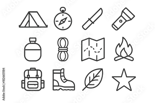 Field Survival Icons. Field survival. Line icon set of field survival: tent, compass, knife, flashlight, canteen, rope, map, campfire, backpack, boots, leaf,