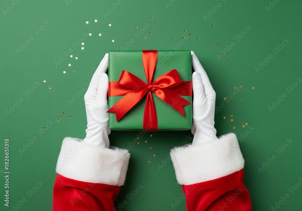 Fototapeta premium Santa Claus hands holding a beautifully wrapped green gift box with a red ribbon against a festive green background for Christmas celebration