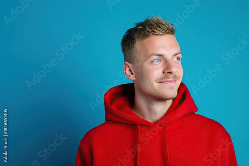 Portrait of a smiling blonde man in red hoodie against blue background, studio shot with space for text. Friendly casual male presenting approachable vibe, ideal for designs needing copy space.