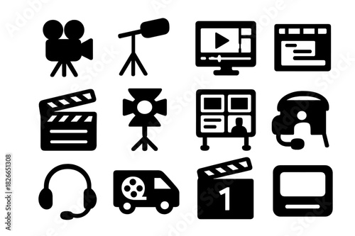 Film Production Icons. Film production. Solid icon set of Film production: camera, tripod, boom mic, editing software, film slate, lighting rig, storyboard,
