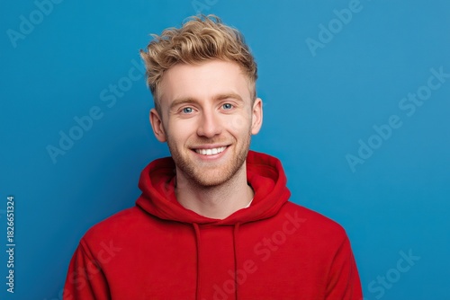 Portrait of a smiling blonde man in red hoodie against blue background, studio shot with space for text. Friendly casual male presenting approachable vibe, ideal for designs needing copy space.
