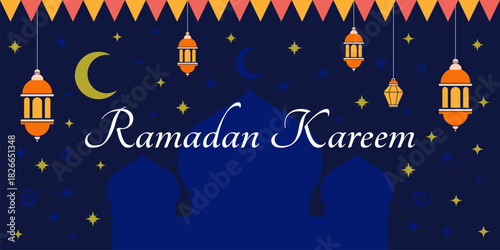 Ramadan Kareem horizontal vector banner. Ramadan Kareem flyer, invitation, greeting card. Islamic background.