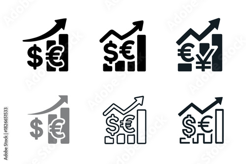 Financial Market Icons. Stock markets and financial trading floors. Icon set. Set Logo of stock markets and financial trading floors: Currency symbols in