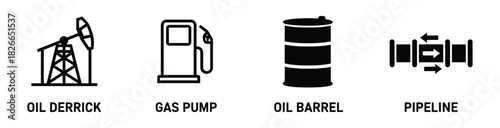 Set of oil industry themed icons including oil derrick, gas pump, oil barrel, and pipeline illustrations