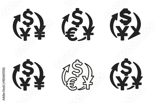 Financial Market Icons. Stock markets and financial trading floors. Icon set. Set Logo of stock markets and financial trading floors: Currency symbols in