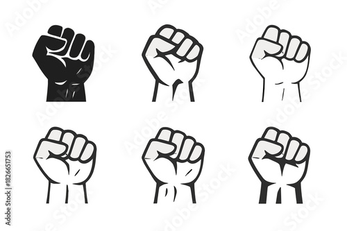 Fist Icon Variations. Fist clenching. Icon set. Set Logo of fist clenching: fist outline with veins and muscle definition. harmonious logo variations of the
