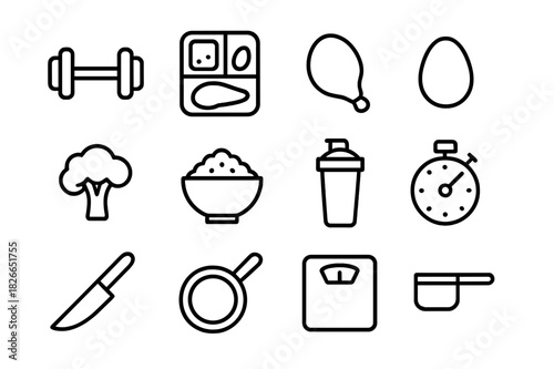 Fitness Cooking Icon Set. Cooking for fitness goals and muscle building. Line icon set of cooking for fitness goals and muscle building: dumbbell, meal prep