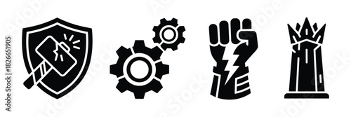 Set of powerful and mechanical themed vector icons including a shield with a hammer gears a fist and a tower